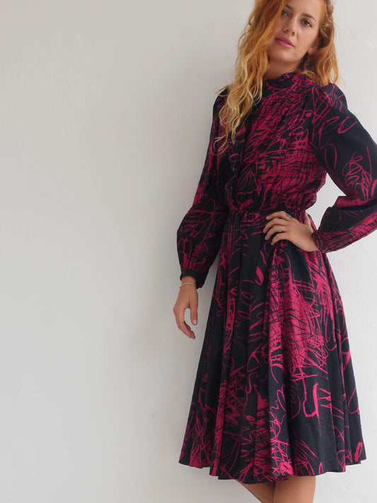 Japanese Vintage Dress with Circular Skirt and Striking Abstract Print