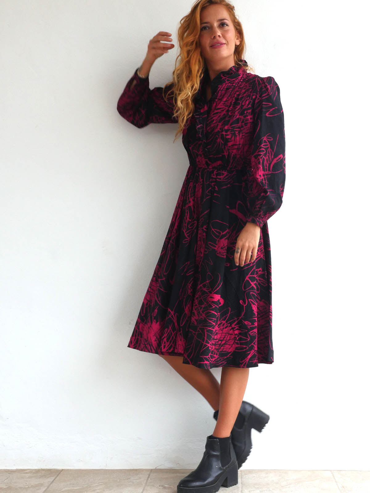 Japanese Vintage Dress with Circular Skirt and Striking Abstract Print