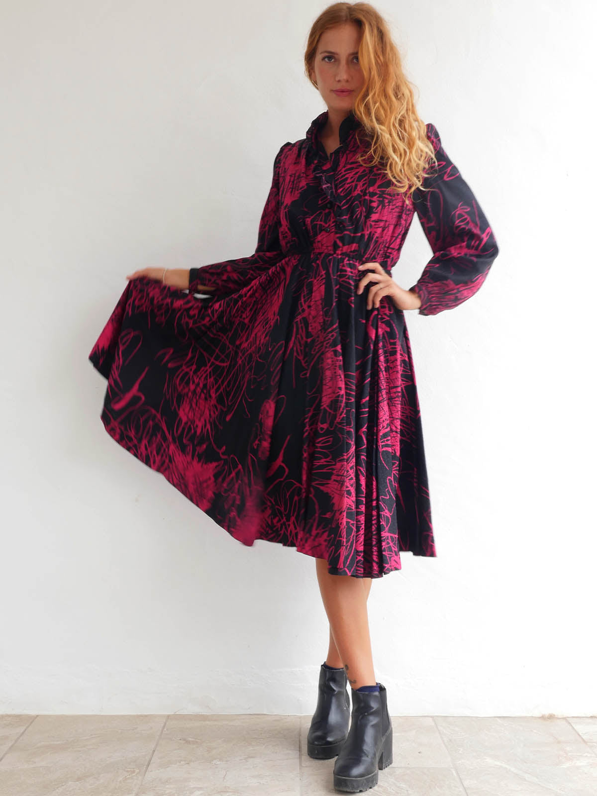 Japanese Vintage Dress with Circular Skirt and Striking Abstract Print