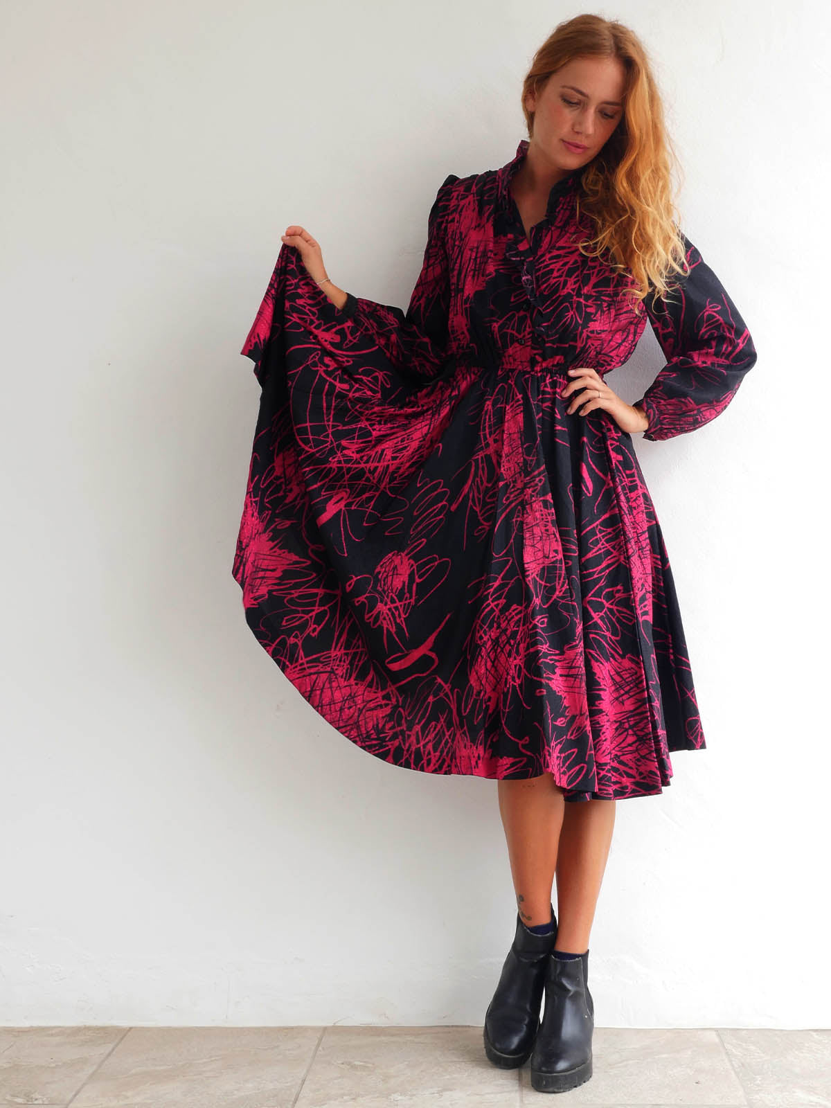 Japanese Vintage Dress with Circular Skirt and Striking Abstract Print