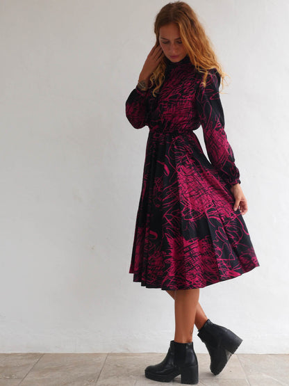 Japanese Vintage Dress with Circular Skirt and Striking Abstract Print