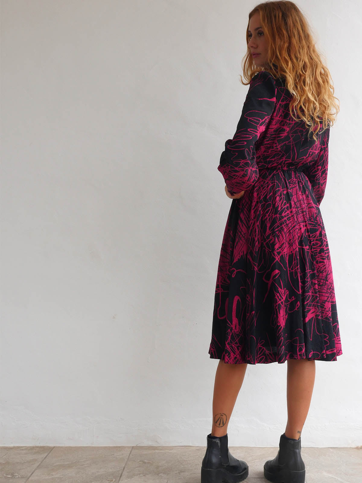 Japanese Vintage Dress with Circular Skirt and Striking Abstract Print