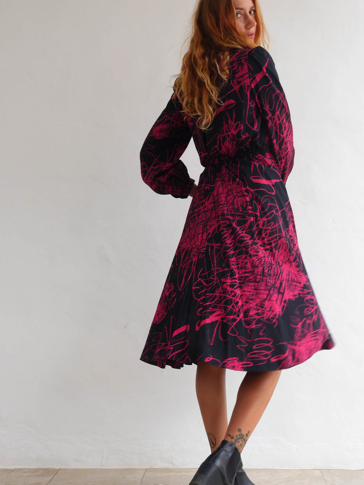 Japanese Vintage Dress with Circular Skirt and Striking Abstract Print