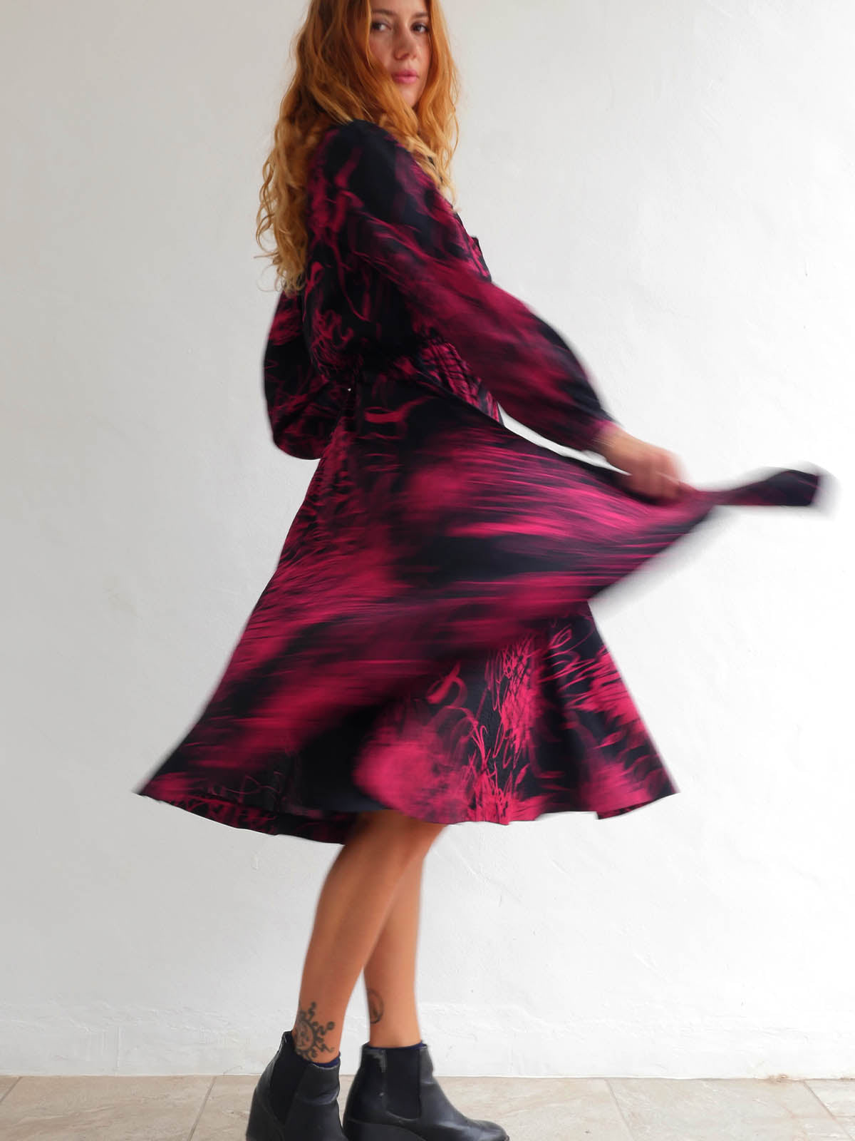 Japanese Vintage Dress with Circular Skirt and Striking Abstract Print