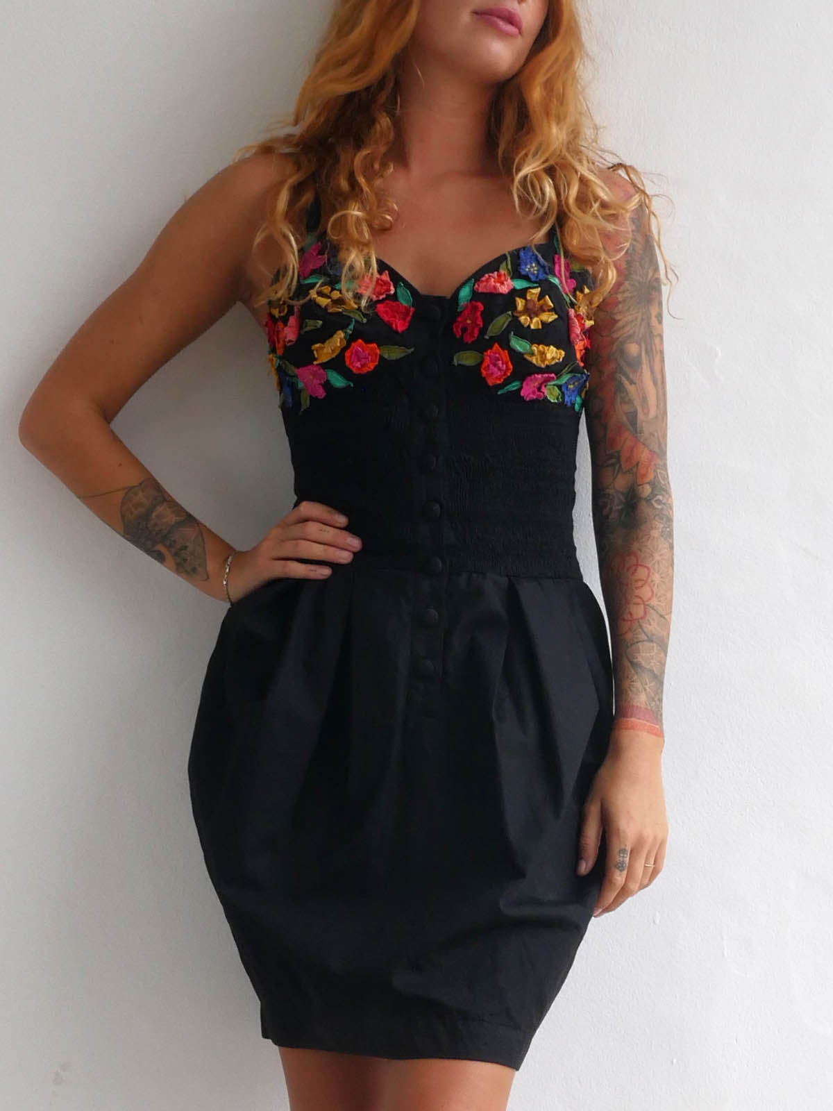 Black Mini Dress with Balloon Skirt and Colorful Flower Applique on the Bustier