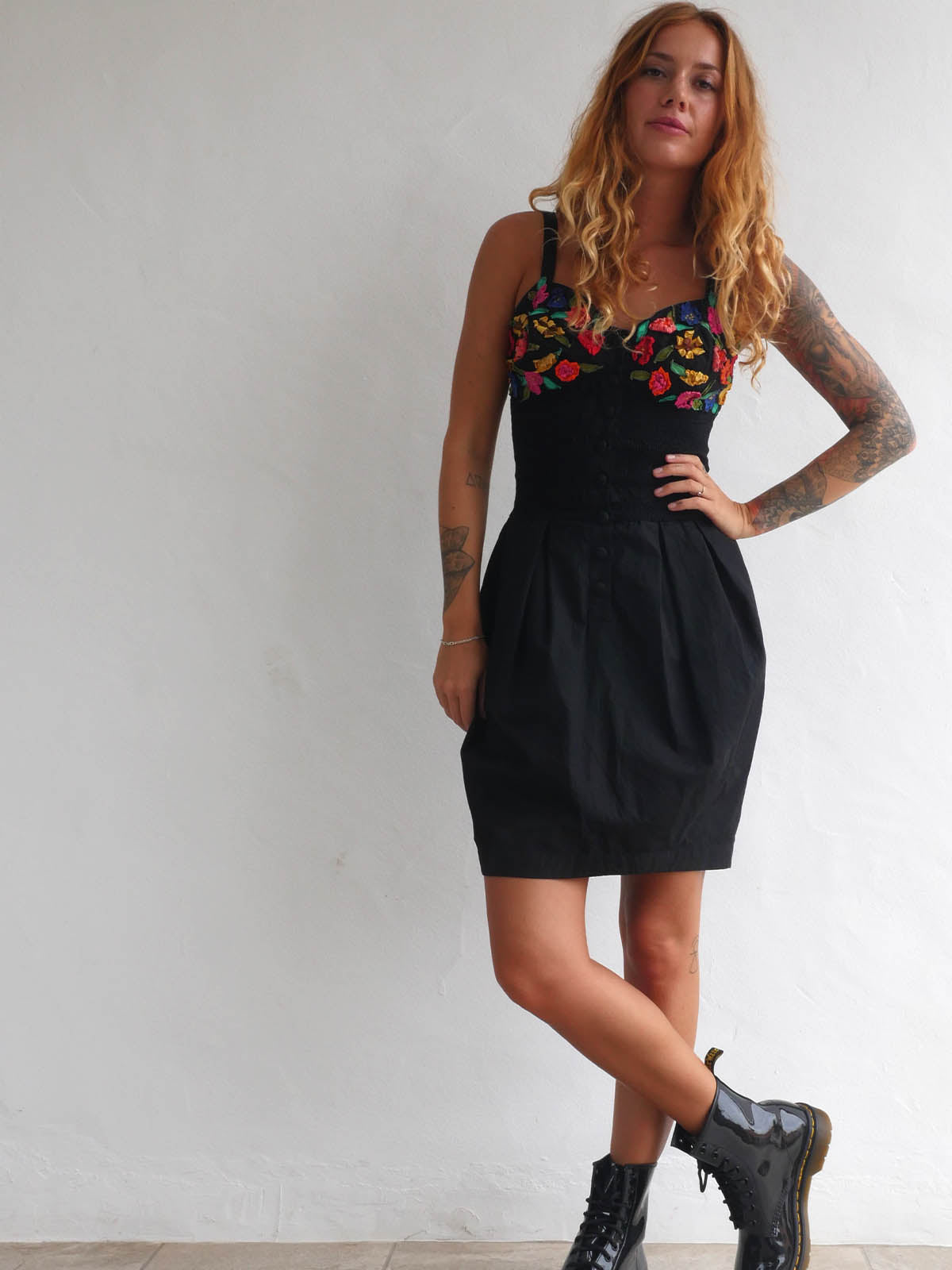 Black Mini Dress with Balloon Skirt and Colorful Flower Applique on the Bustier