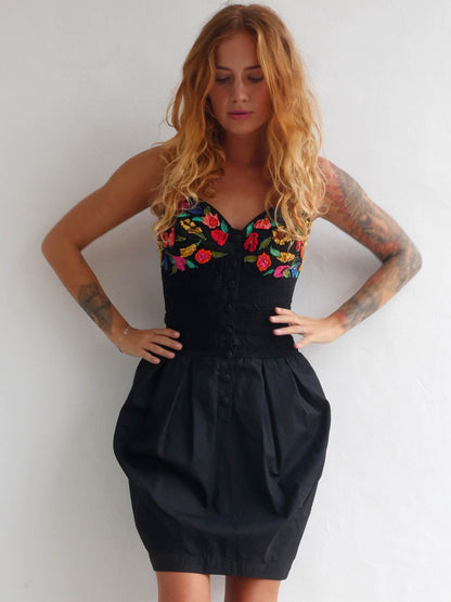 Black Mini Dress with Balloon Skirt and Colorful Flower Applique on the Bustier