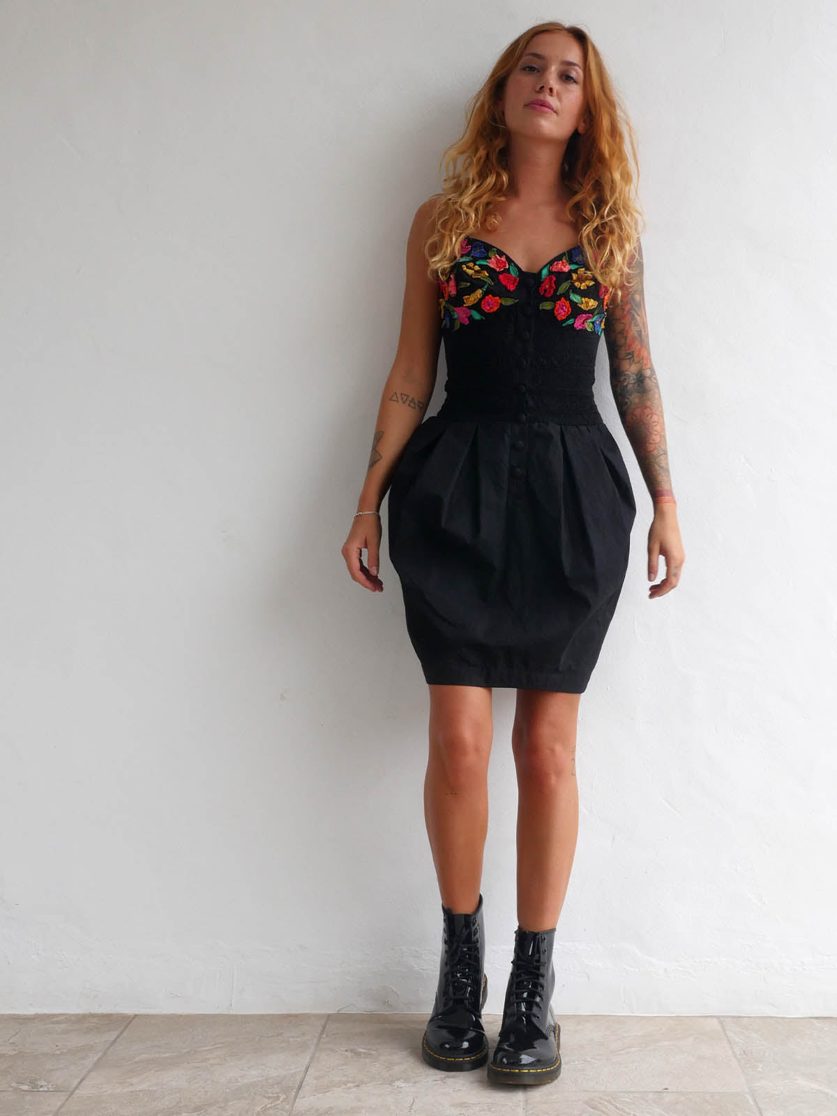 Black Mini Dress with Balloon Skirt and Colorful Flower Applique on the Bustier