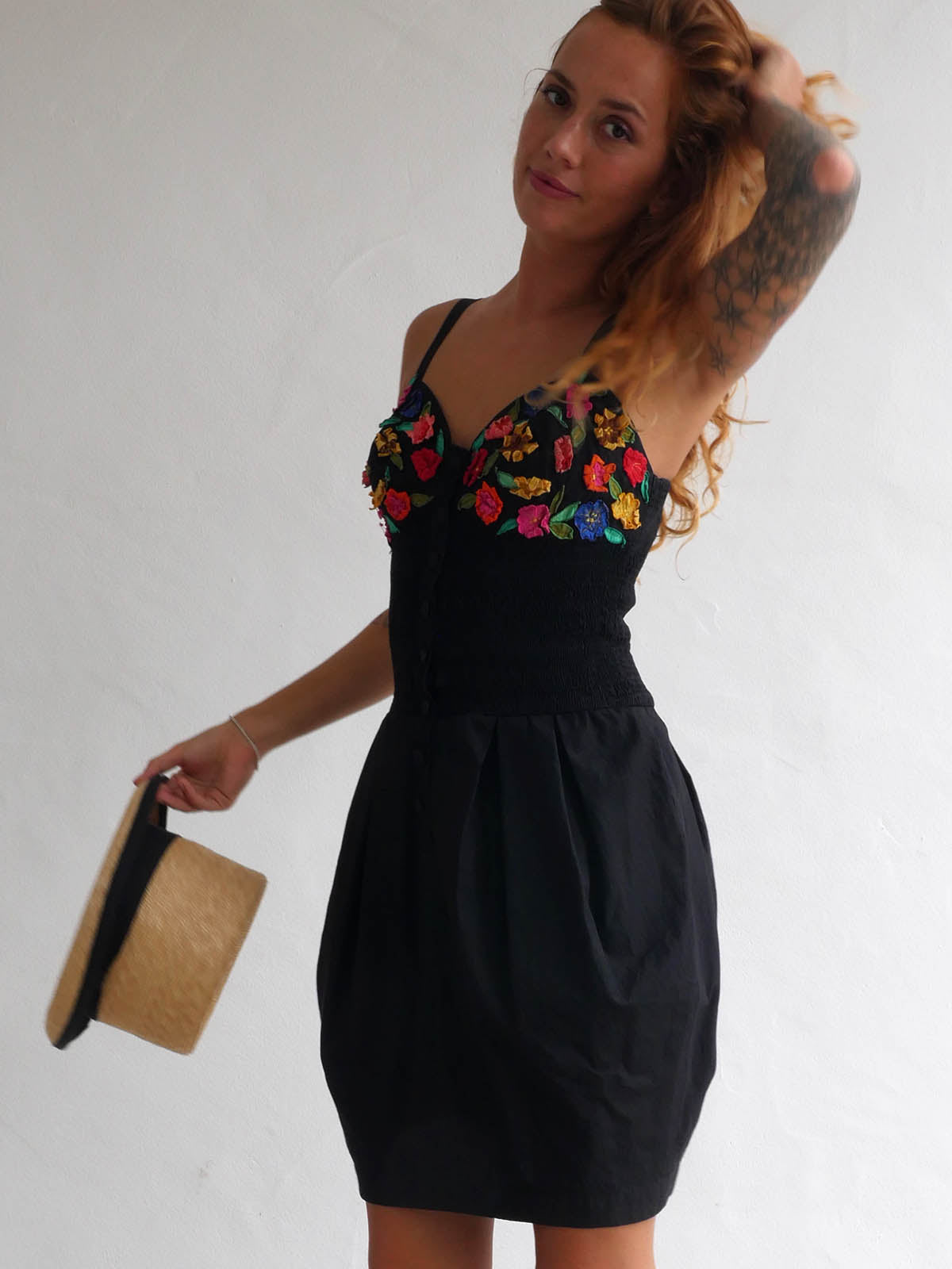 Black Mini Dress with Balloon Skirt and Colorful Flower Applique on the Bustier