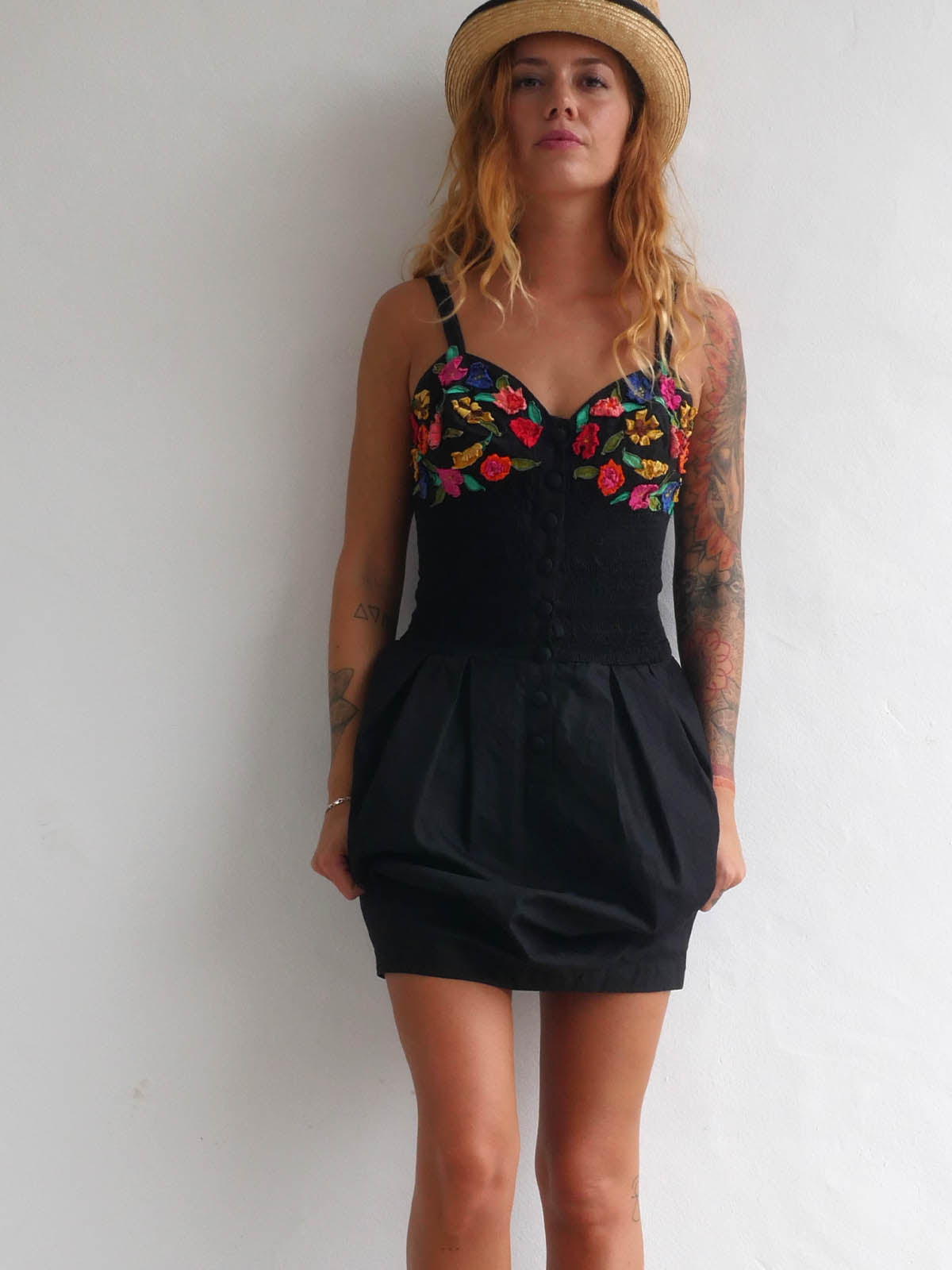 Black Mini Dress with Balloon Skirt and Colorful Flower Applique on the Bustier