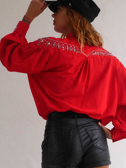 Bright Red Blouse with Silver Embellishments and Beads