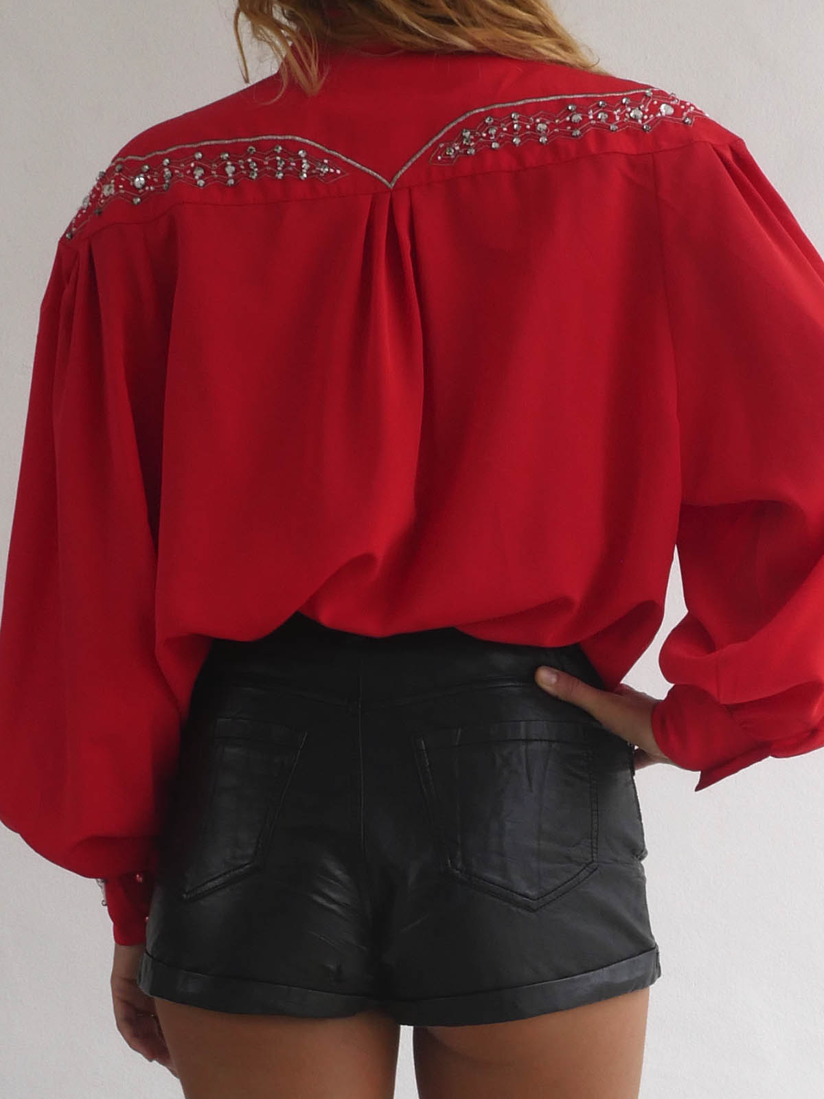 Bright Red Blouse with Silver Embellishments and Beads