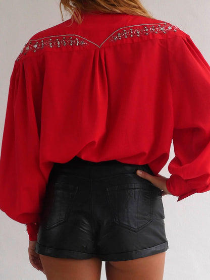 Bright Red Blouse with Silver Embellishments and Beads