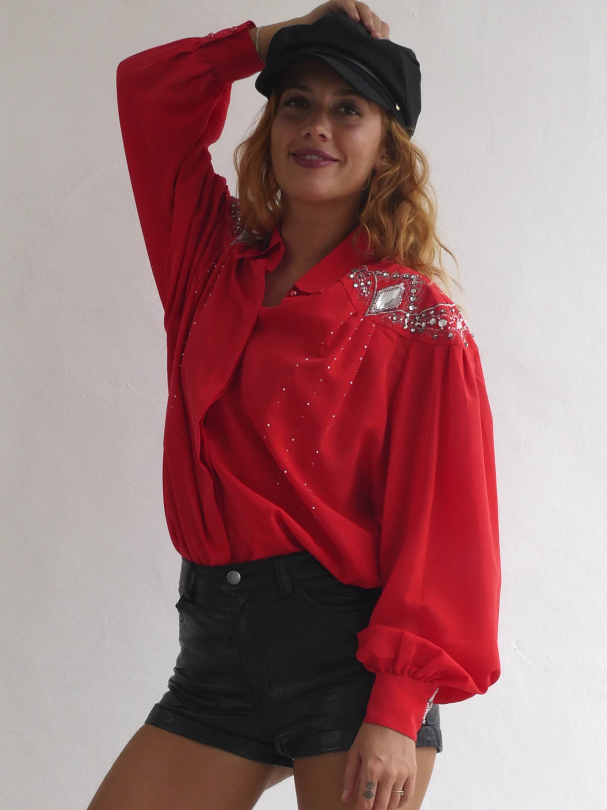 Bright Red Blouse with Silver Embellishments and Beads