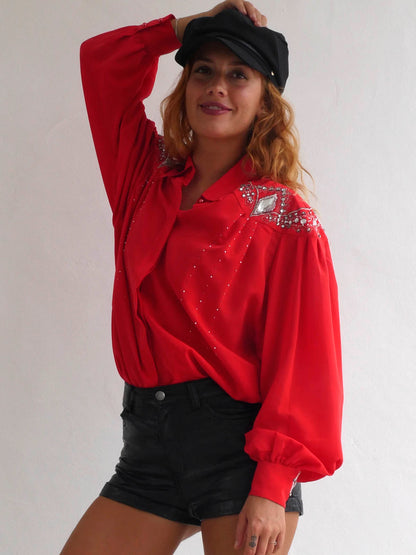 Bright Red Blouse with Silver Embellishments and Beads