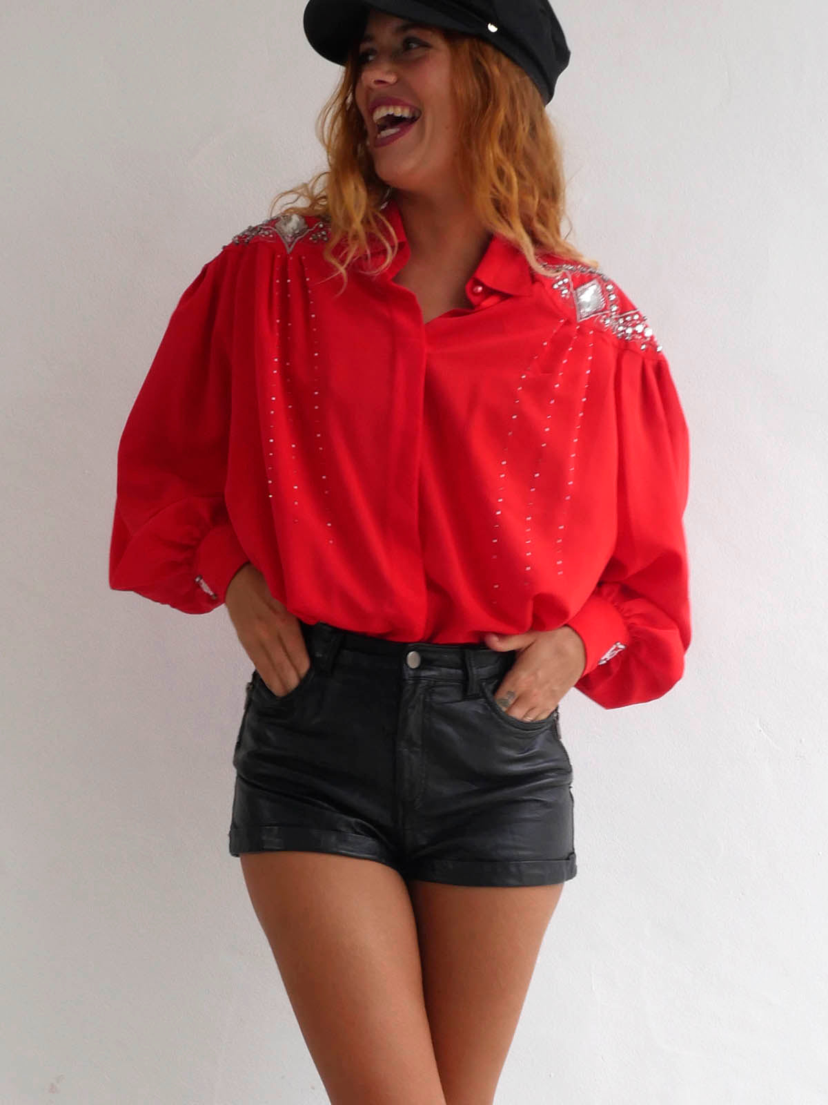 Bright Red Blouse with Silver Embellishments and Beads