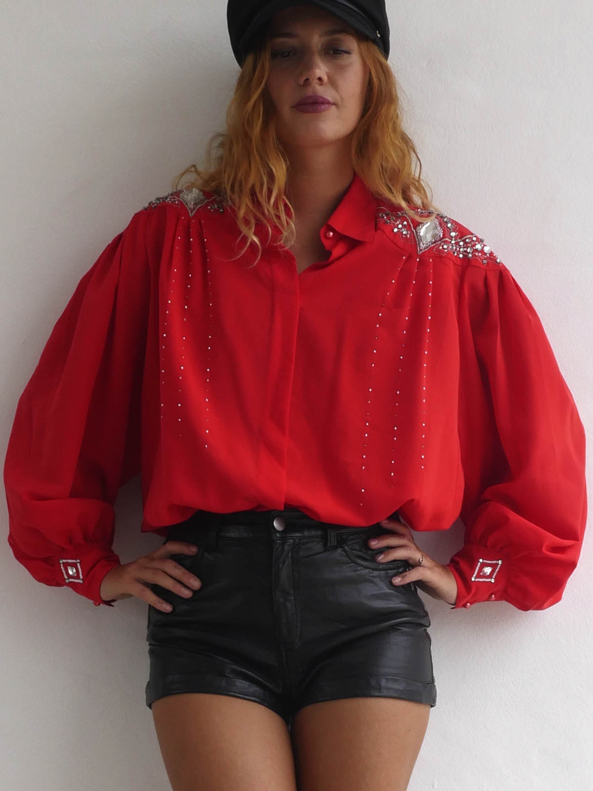 Bright Red Blouse with Silver Embellishments and Beads