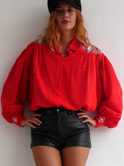 Bright Red Blouse with Silver Embellishments and Beads