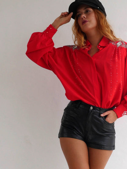 Bright Red Blouse with Silver Embellishments and Beads