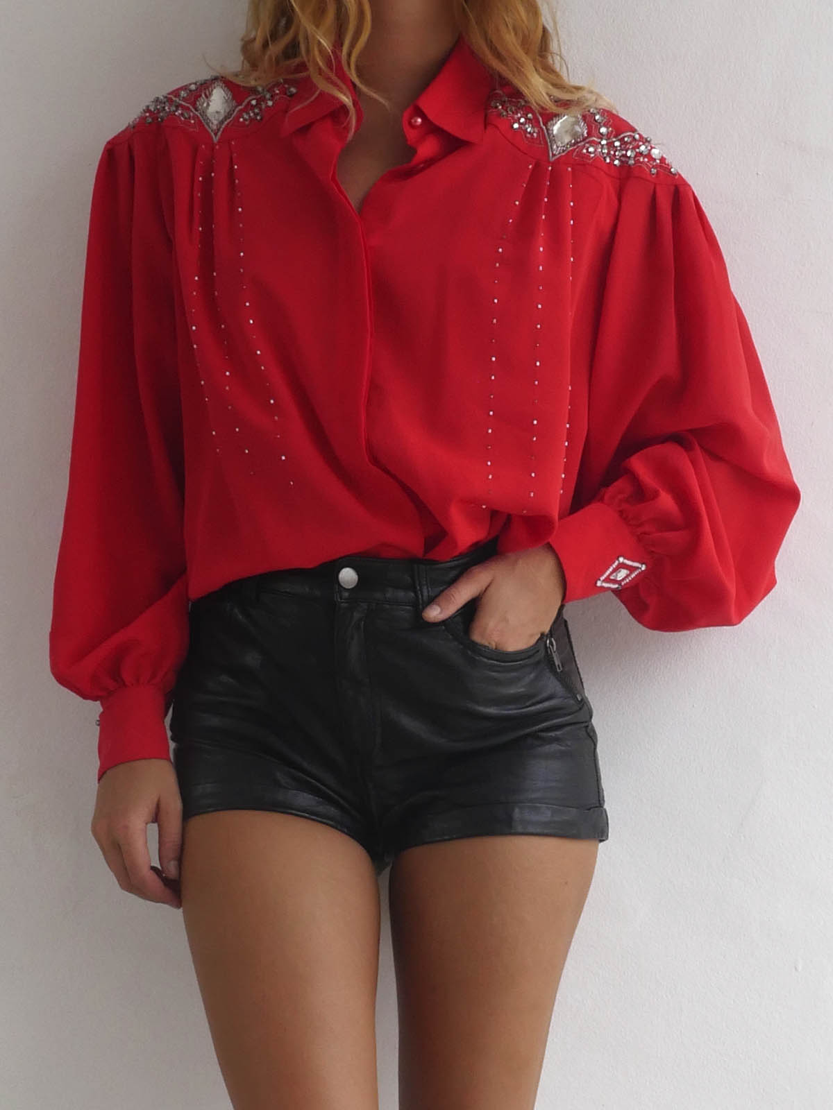 Bright Red Blouse with Silver Embellishments and Beads