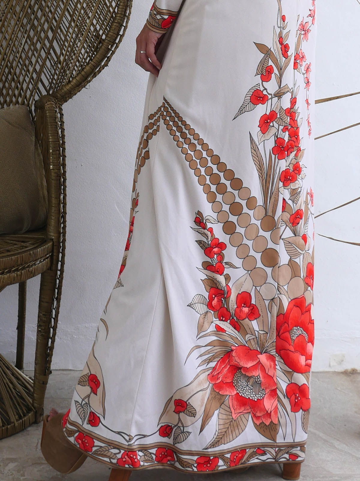 Elegant Cream Maxi Gown with Colorful Asymmetrical Print