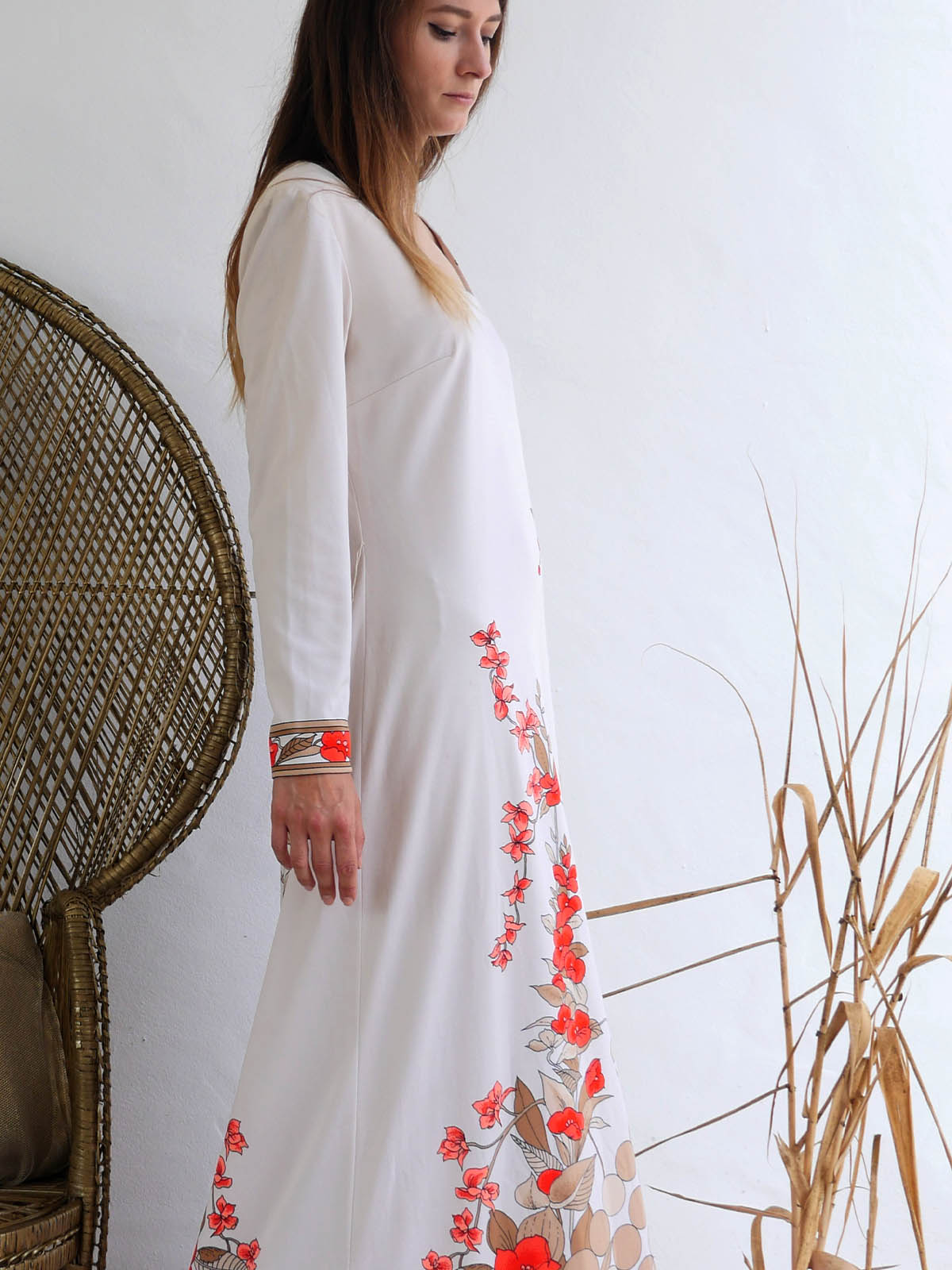 Elegant Cream Maxi Gown with Colorful Asymmetrical Print