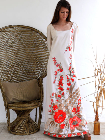 Elegant Cream Maxi Gown with Colorful Asymmetrical Print