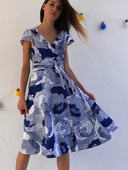 Summer Wrap Dress in Blue and White