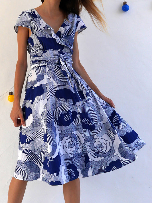 Summer Wrap Dress in Blue and White