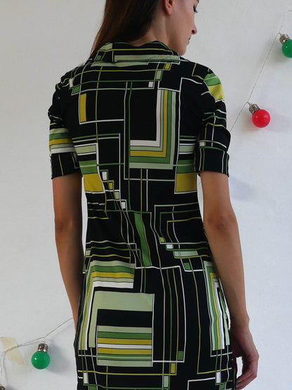 Mini Dress with Black Green and Yellow Geometrical Print