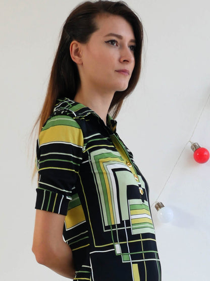 Mini Dress with Black Green and Yellow Geometrical Print