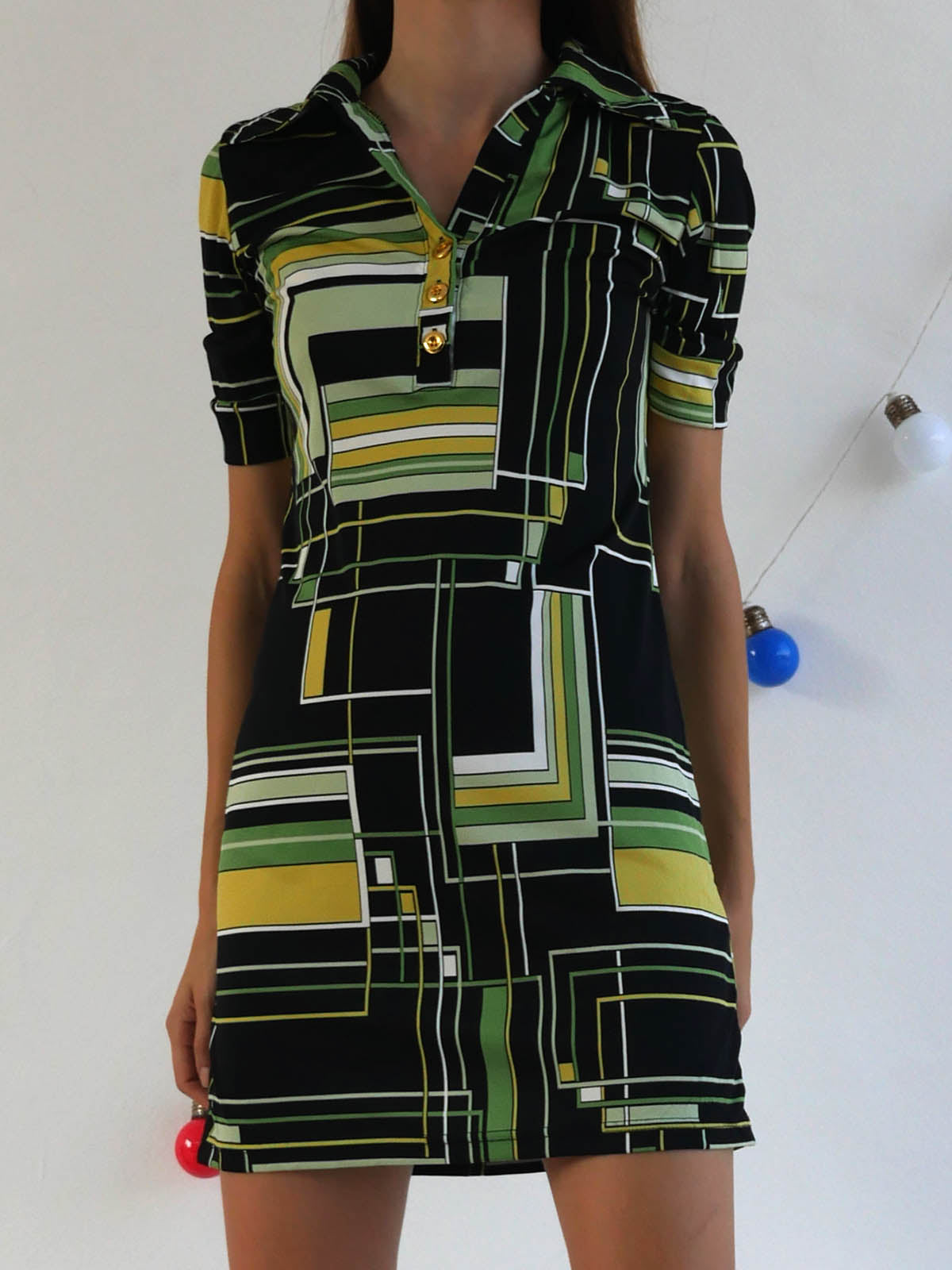 Mini Dress with Black Green and Yellow Geometrical Print