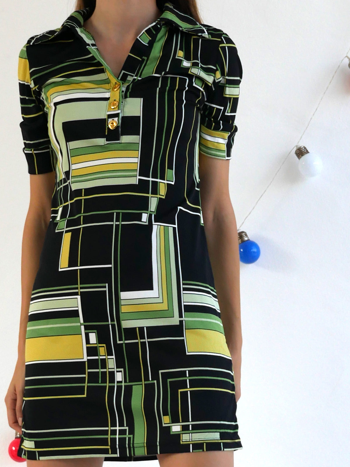 Mini Dress with Black Green and Yellow Geometrical Print