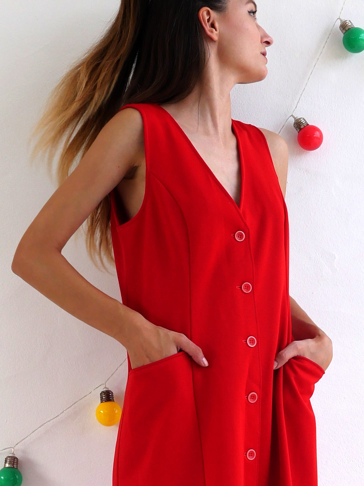 Bright Red Button Down Sleeveless Dress