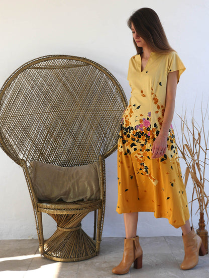 Two Tone Yellow Sleeveless Summer Dress with Midi Skirt 