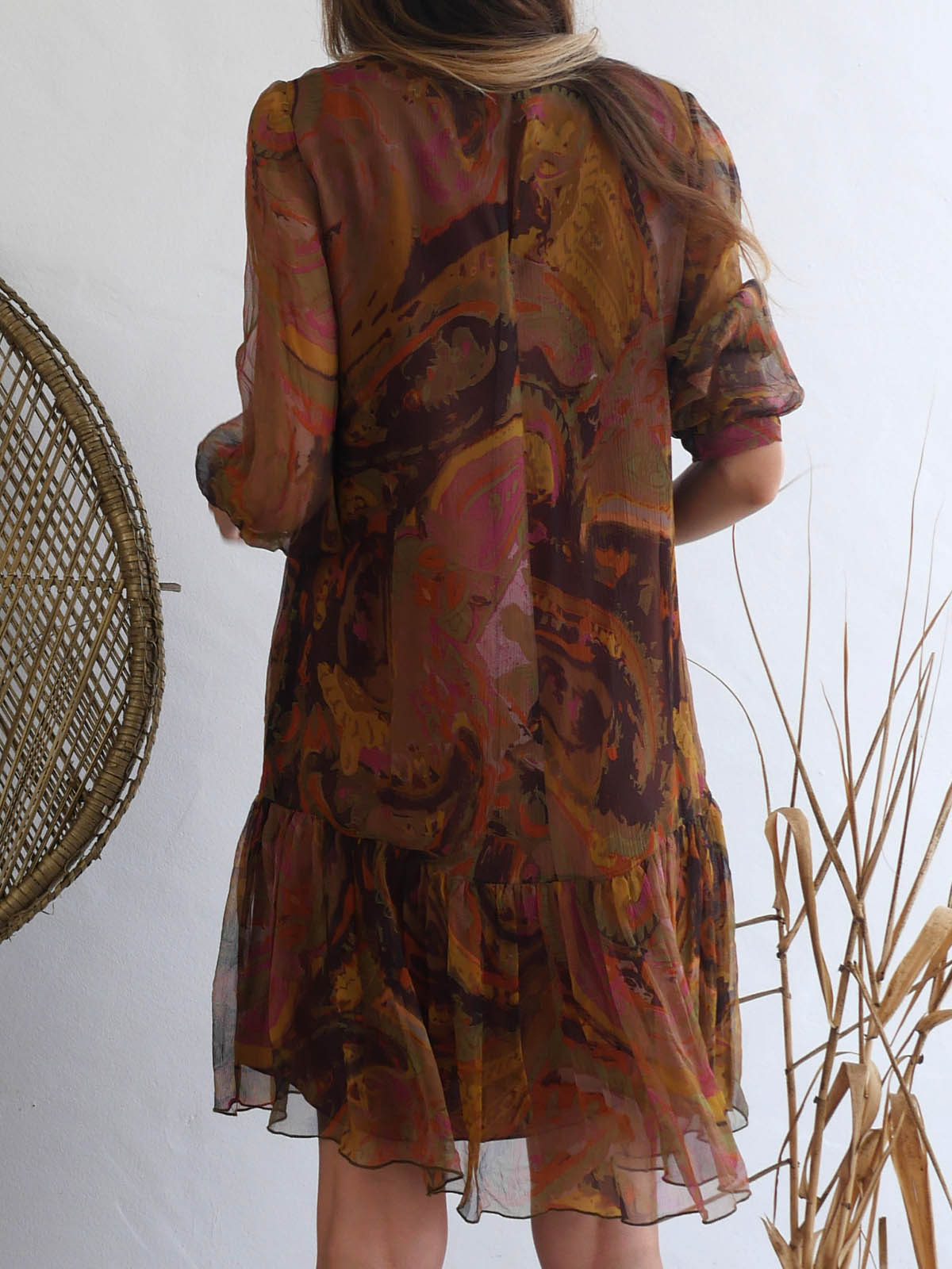 Dropped Waist Short Dress from Sheer Material in Autumn Earthy Colors