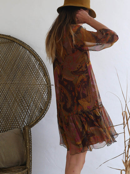 Dropped Waist Short Dress from Sheer Material in Autumn Earthy Colors