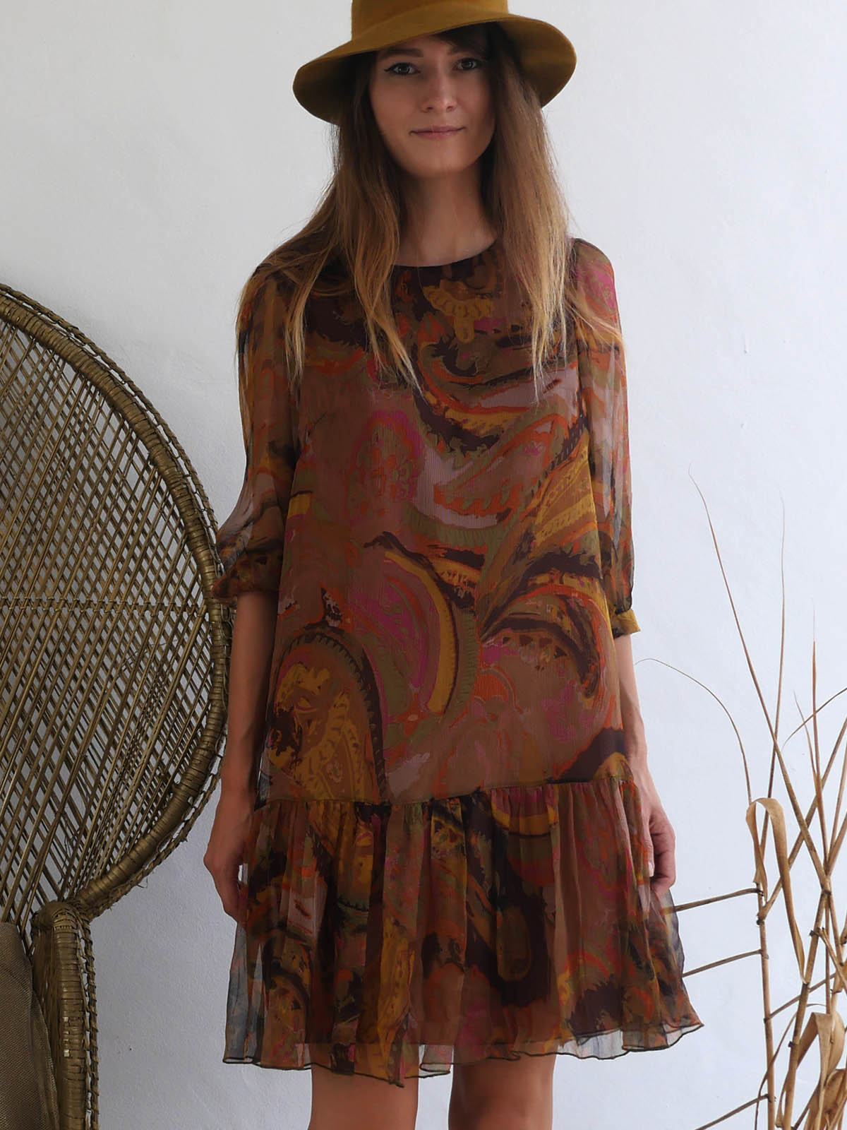 Dropped Waist Short Dress from Sheer Material in Autumn Earthy Colors