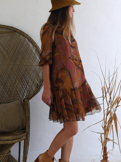 Dropped Waist Short Dress from Sheer Material in Autumn Earthy Colors