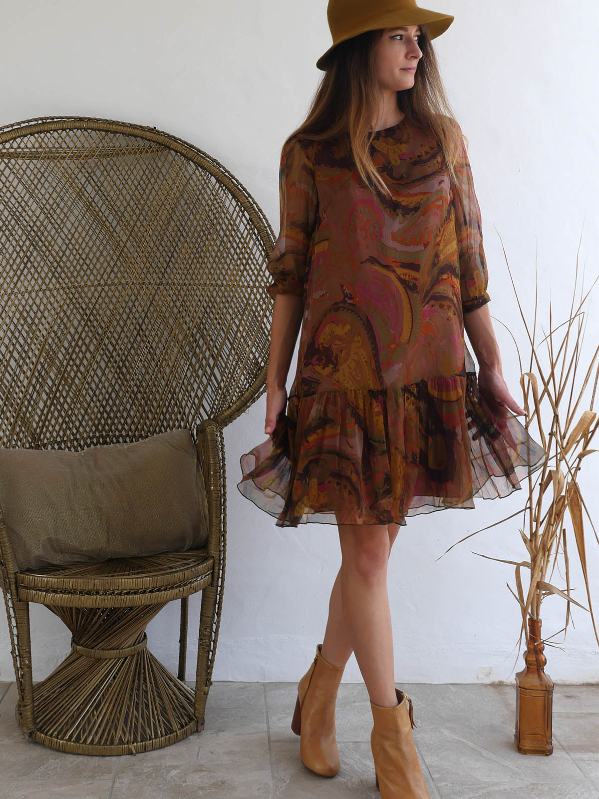 Dropped Waist Short Dress from Sheer Material in Autumn Earthy Colors