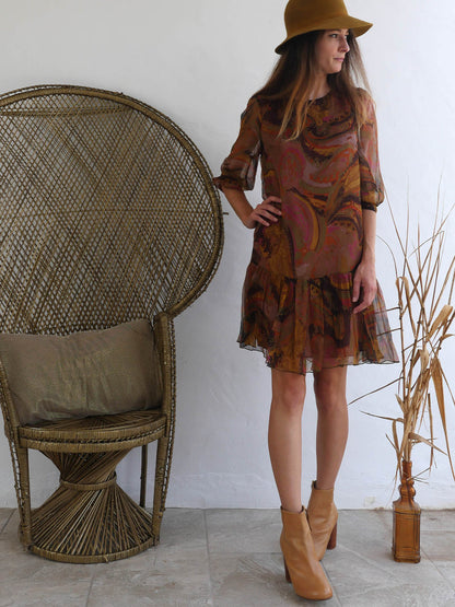 Dropped Waist Short Dress from Sheer Material in Autumn Earthy Colors