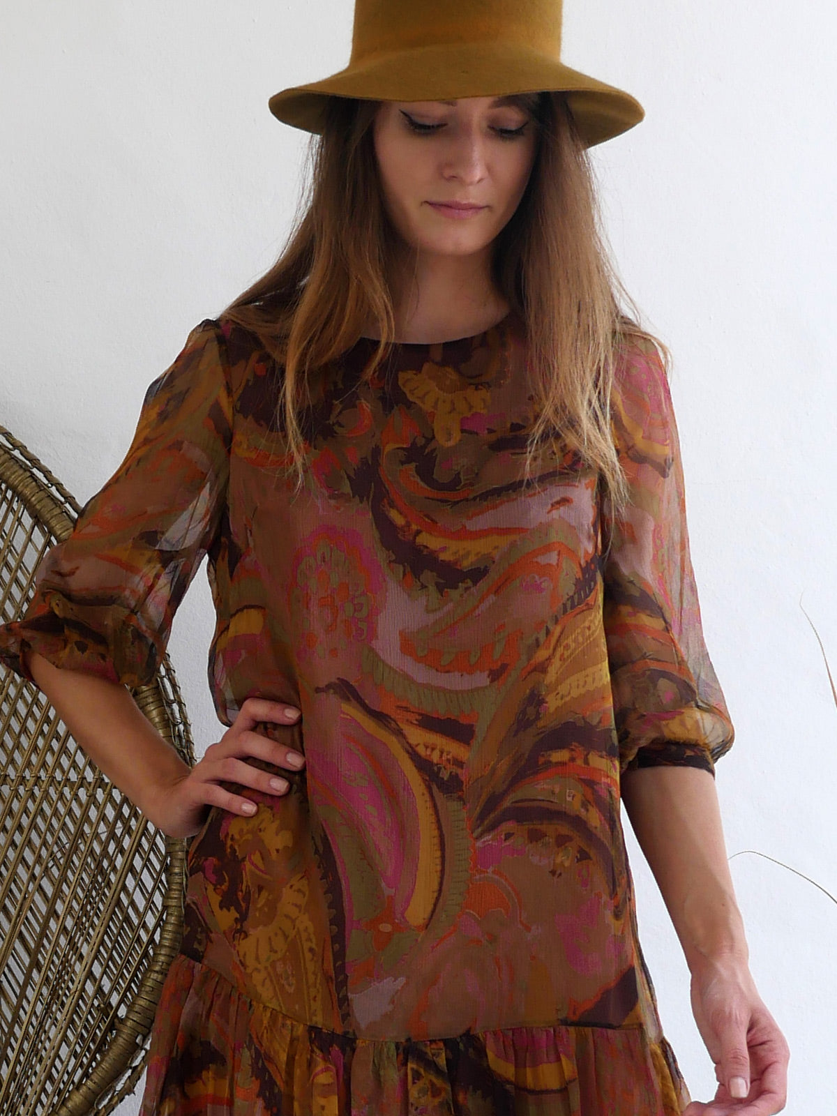 Dropped Waist Short Dress from Sheer Material in Autumn Earthy Colors