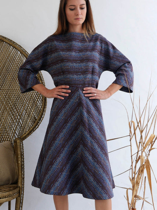 Midi Dress with Dolman Sleeves and A-line Skirt in Blue and Maroon