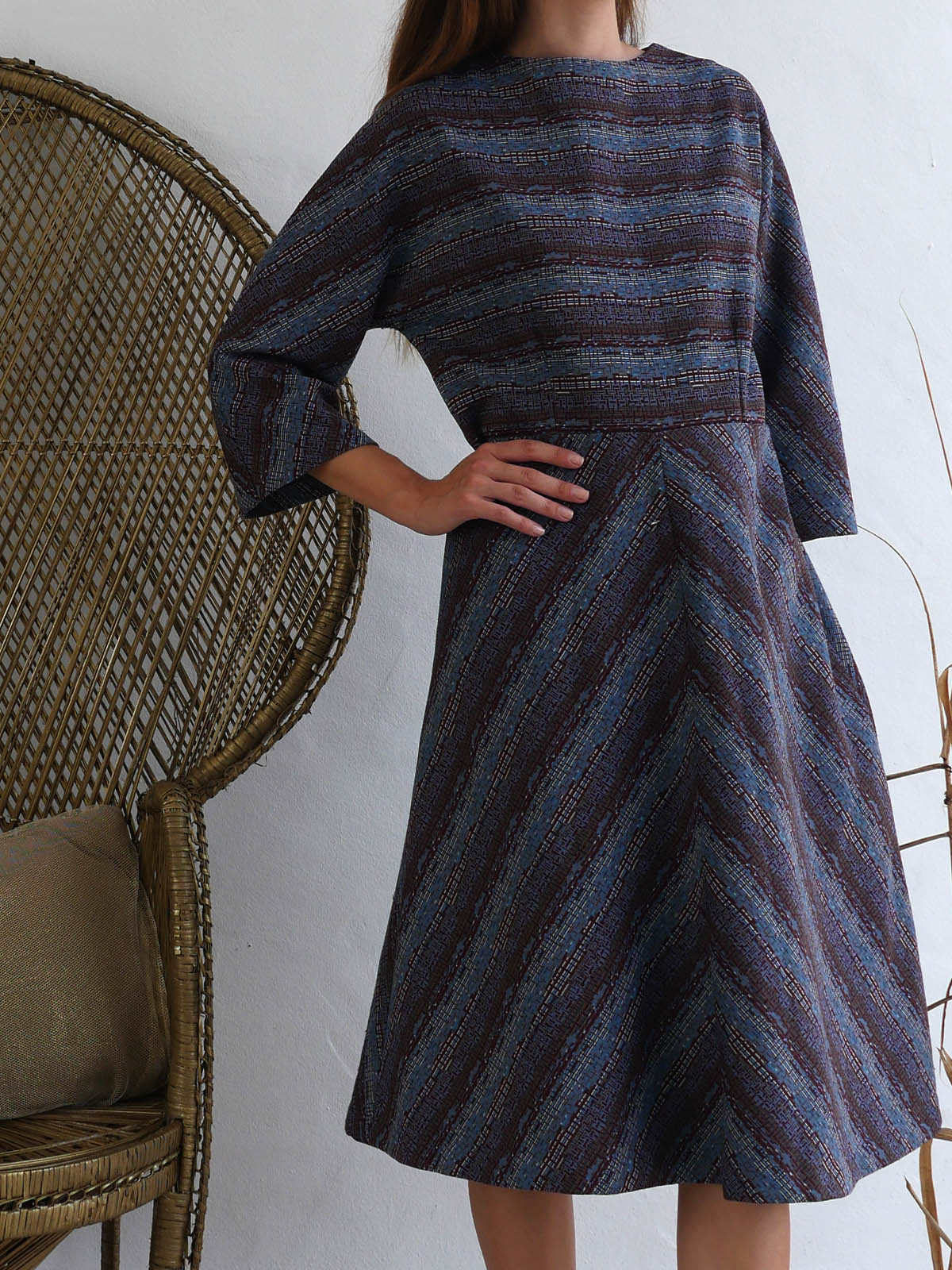 Midi Dress with Dolman Sleeves and A-line Skirt in Blue and Maroon