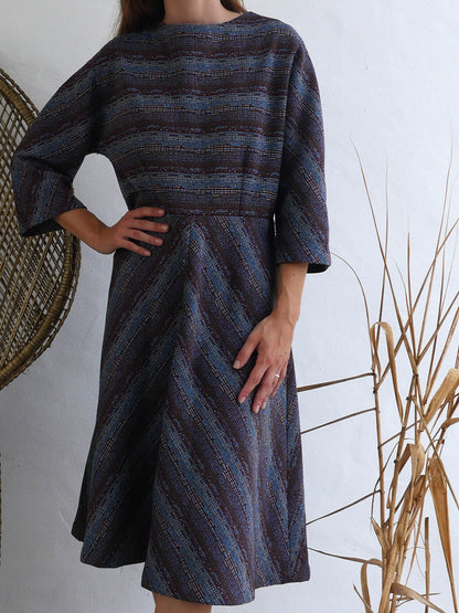 Midi Dress with Dolman Sleeves and A-line Skirt in Blue and Maroon