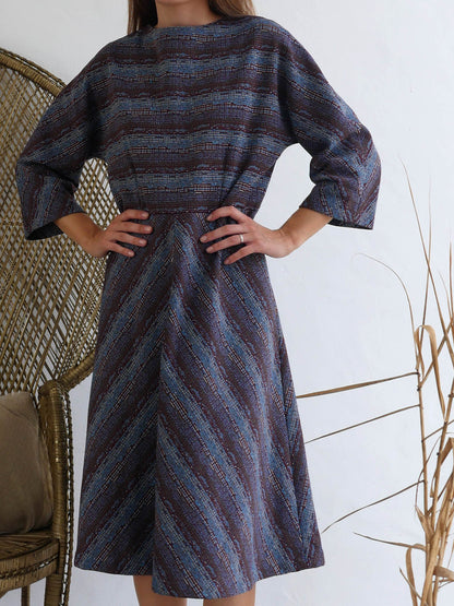 Midi Dress with Dolman Sleeves and A-line Skirt in Blue and Maroon