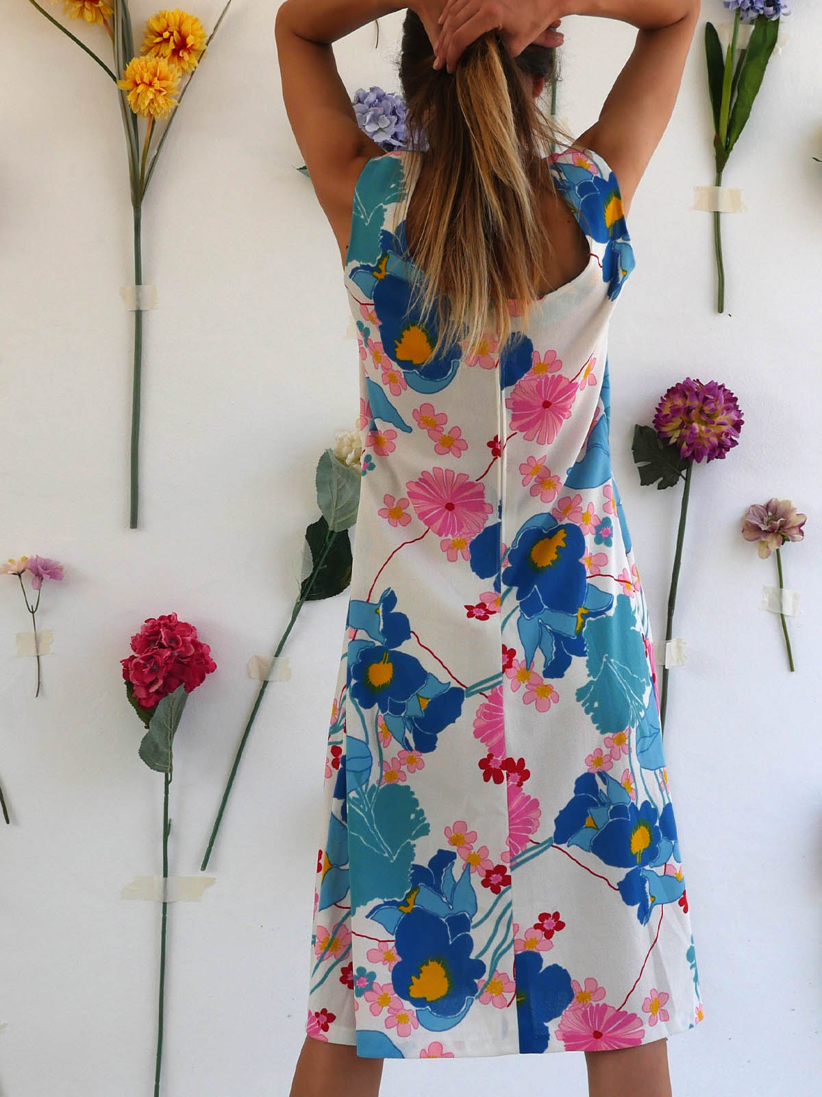 Vintage White Summer Dress with Bright Floral Print