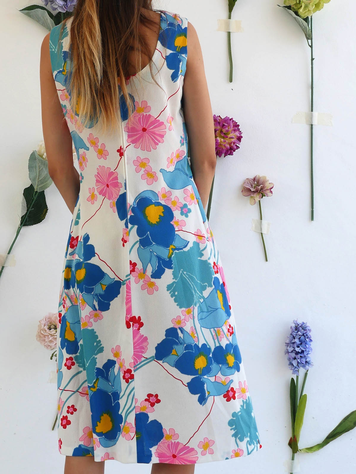 Vintage White Summer Dress with Bright Floral Print