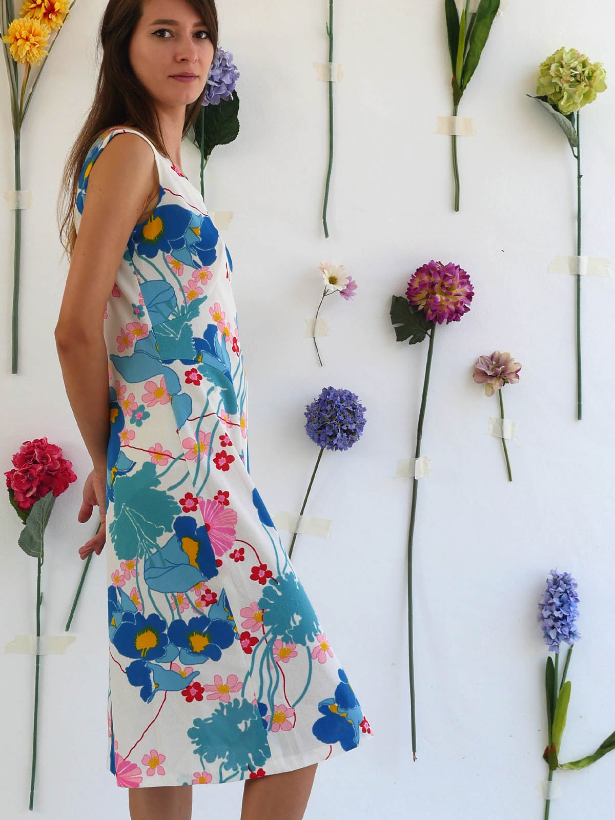 Vintage White Summer Dress with Bright Floral Print