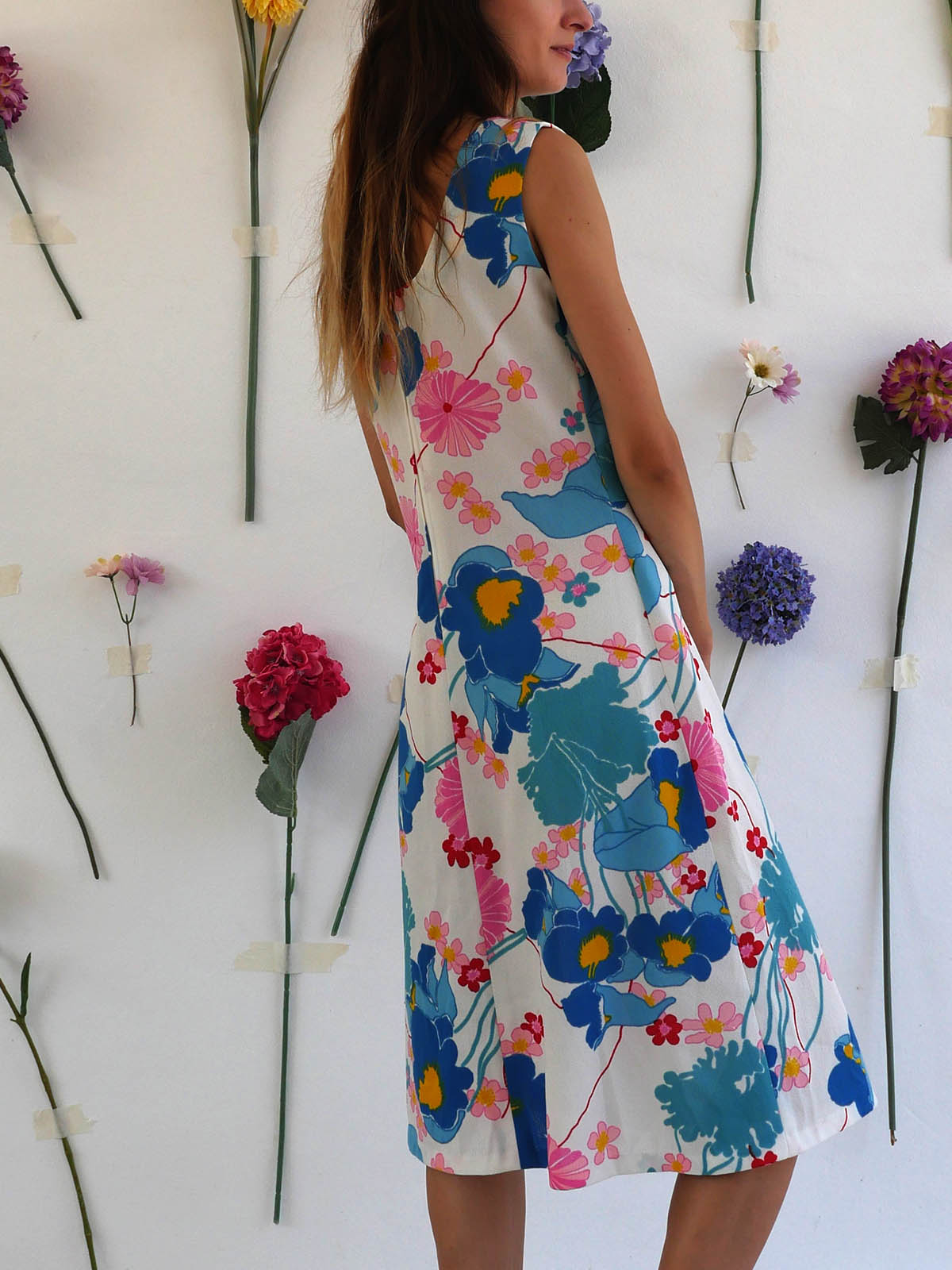 Vintage White Summer Dress with Bright Floral Print